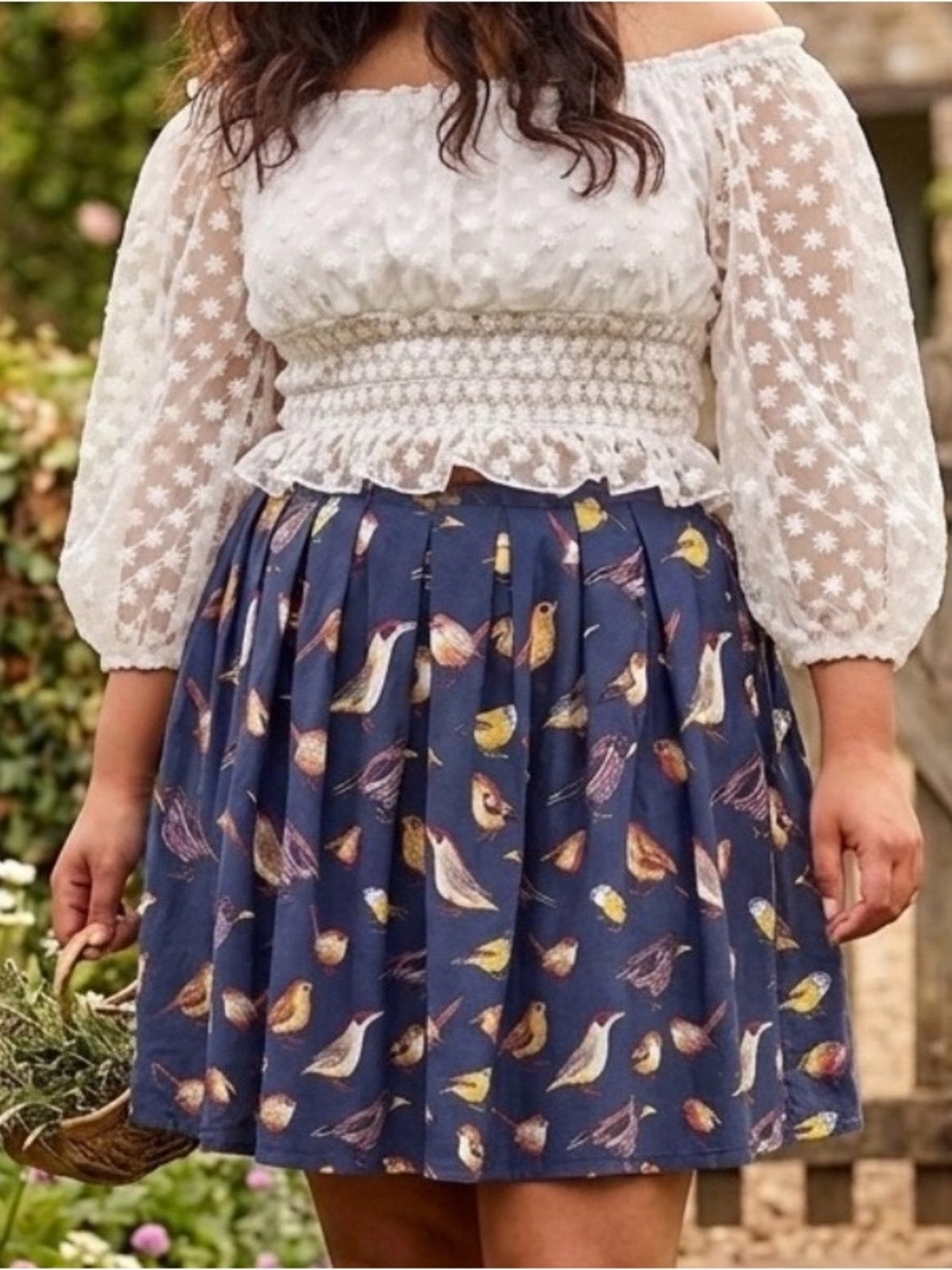 Vintage Grace Karin Navy Blue Whimsical Bird-Print Skirt. Cottagecore, Boho
